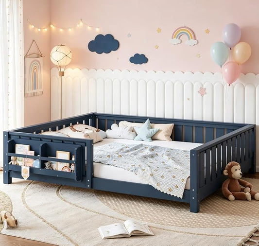 Bellemave Queen Size Floor Bed with high Rails and with Built-in Bookshelf for Kids, Girls, Boys, Wood Montessori Floor Bed Without Door, Blue
