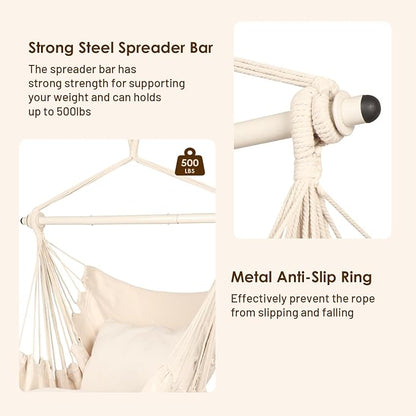 Highwild Hammock Chair Hanging Rope Swing - Max 500 Lbs - 2 Cushions Included - Steel Spreader Bar with Anti-Slip Rings - for Any Indoor or Outdoor Spaces (Beige)