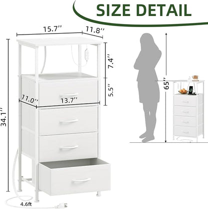Somdot White Nightstand with Charging Station and LED Light for Bedroom, Tall 4 Drawers Dresser with Fabric Bins for Bedside Kids Dorm Room Closet Laundry Entryway, White Leather