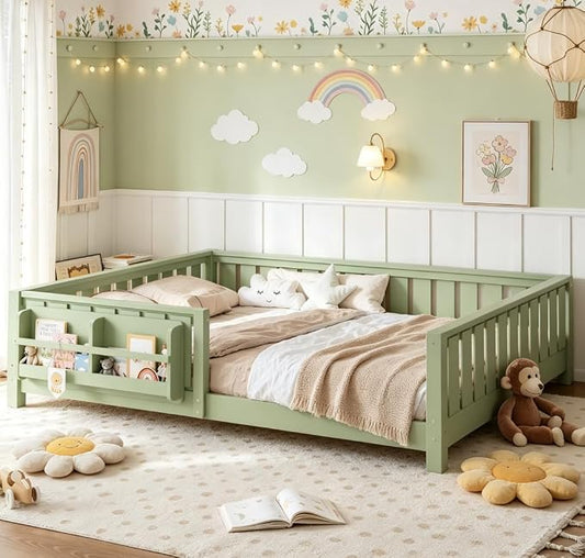 Bellemave Queen Size Floor Bed with high Rails and with Built-in Bookshelf for Kids, Girls, Boys, Wood Montessori Floor Bed Without Door, Avocado Green