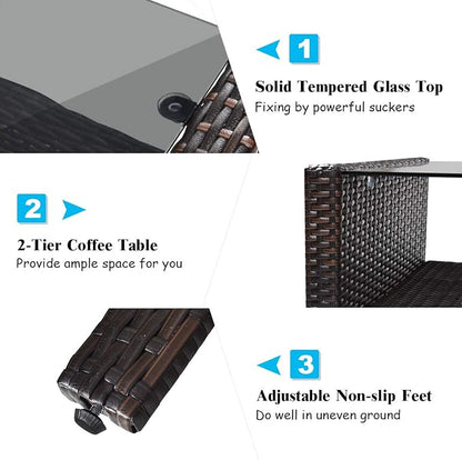 Tangkula 4 Piece Patio Furniture Set, Outdoor Wicker Conversation Set with Glass Top Coffee Table, All Weather Proof and Thick Cushions, Suitable for Porch, Garden, Poolside and Lawn (Turquoise)