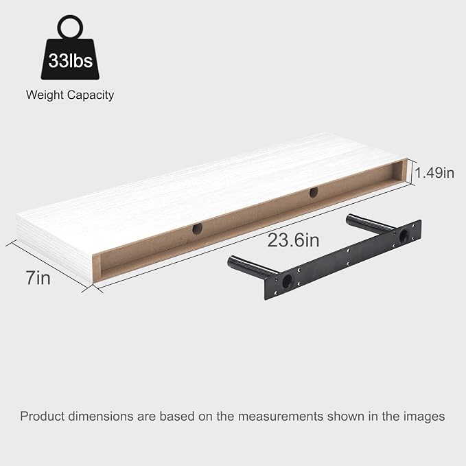 White Floating Shelves for Wall, 23.6'' Wall Mounted Shelves for Bathroom,Bedroom,Living Room,Kitchen&Office,Set of 2