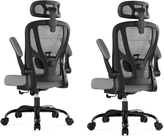 Office Chair Ergonomic Desk Chair - Mesh High Back Office Chair with Headrests Wheels Lumbar Support Home Desk Office Chairs Flip up Armrest Executive Rolling Computer Chair Black Gray 2 Pack