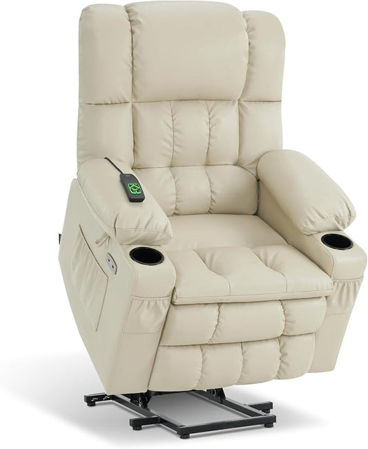 MCombo Large Dual Motor Power Lift Recliner Chair for Elderly, Zero Gravity Lift Chair with Heat and Massage, Infinite Position Lay Flat Recliner, USB Ports, Faux Leather 7896 (Cream White, Large)