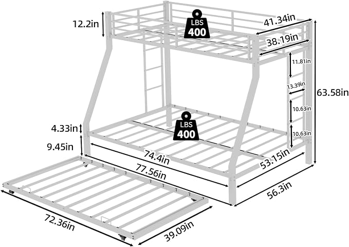 Metal Bunk Bed with Trundle, Space-Saving Bunk Bed Twin Over Full with Ladders and Safety Guardrail, Heavy Duty Twin Bed Frames, No Box Spring Needed and Noise Free(White)