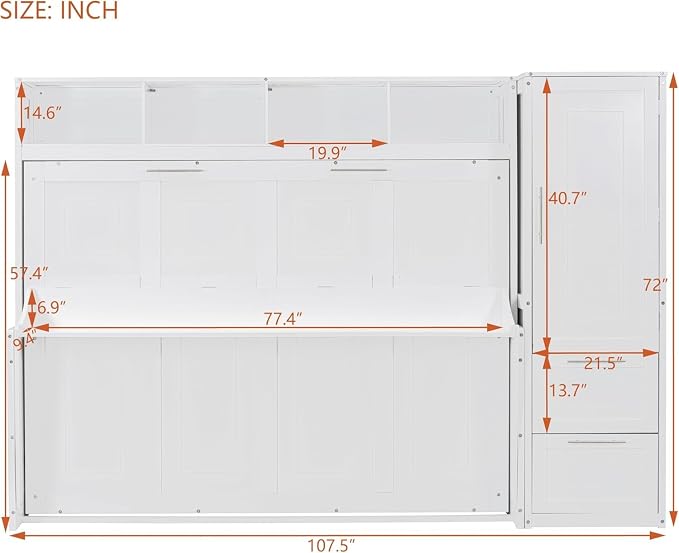 Virubi Full Horizontal Murphy Bed with Wardrobe Closet,2 Drawer,4 Storage Open Shelves,Wood Folding Murphy Wall Bed Cabinet, Slat Suuport (White,Full)