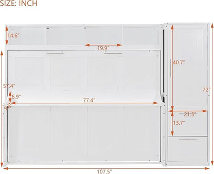 Virubi Full Horizontal Murphy Bed with Wardrobe Closet,2 Drawer,4 Storage Open Shelves,Wood Folding Murphy Wall Bed Cabinet, Slat Suuport (White,Full)
