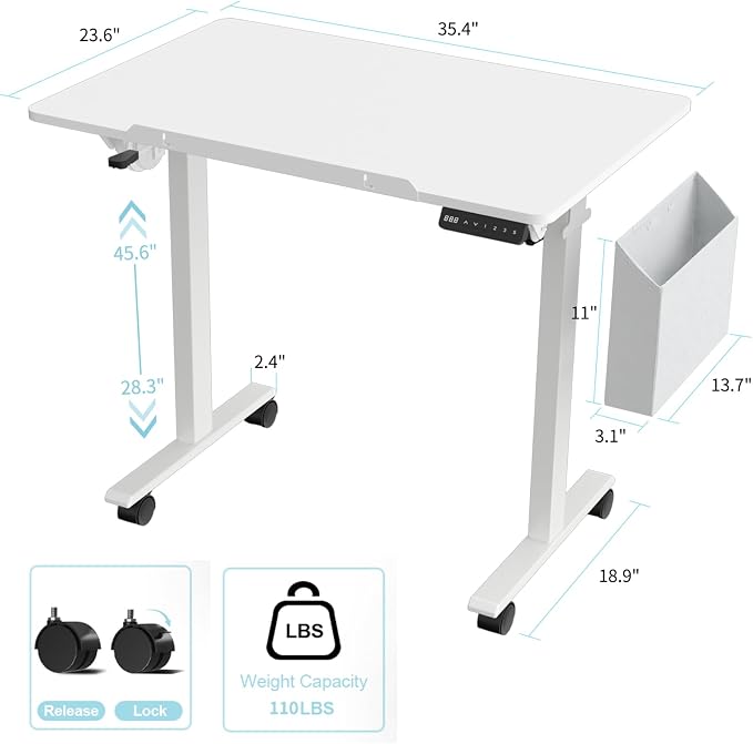 35.4" Standing Desk with Whiteboard,Rolling Drafting Table With Storage Bag | Electric Height Adjustable Mobile Desk with Wheels, Tilting Dry Erase Surface,Foldable Drawing Table for Home Office & Studio