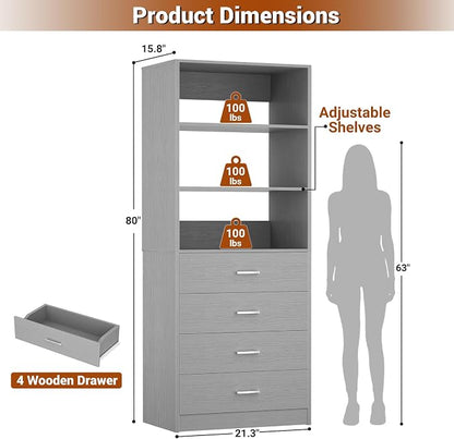 Aheaplus Closet Drawers System, 21.3" Wood Closet Organizer System with 4 Drawers, Modular Walk-in Closets System Storage Unit, Small Closets Wardrobe Rack, Tall Storage Cabinet Unit, Grey1
