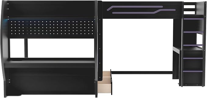 Twin&Full Over Full Triple Bunk Bed with Desk and Storage Drawers & LED,Charging Station,Solid Wood L-Shaped 3 Gaming Bunk Bed with Ladder,Guardrail,No Box Spring Needed (Black,Twin & Full Over Full)