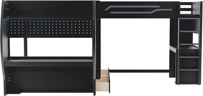 Twin&Full Over Full Triple Bunk Bed with Desk and Storage Drawers & LED,Charging Station,Solid Wood L-Shaped 3 Gaming Bunk Bed with Ladder,Guardrail,No Box Spring Needed (Black,Twin & Full Over Full)