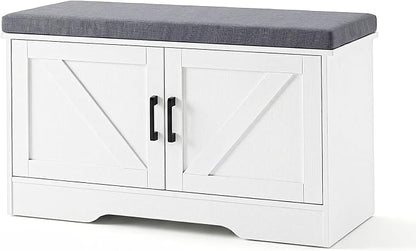 NEWBULIG Shoe Storage Bench for Entryway with Cushion, 27.6IN, White | Shoe Organizer Cabinet with Padded Cushion and Doors, Adjustable Shelves, Shoes Bench for Hallway, Mudroom, Bedroom
