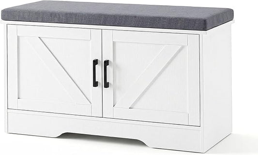 NEWBULIG Shoe Storage Bench for Entryway with Cushion, 27.6IN, White | Shoe Organizer Cabinet with Padded Cushion and Doors, Adjustable Shelves, Shoes Bench for Hallway, Mudroom, Bedroom