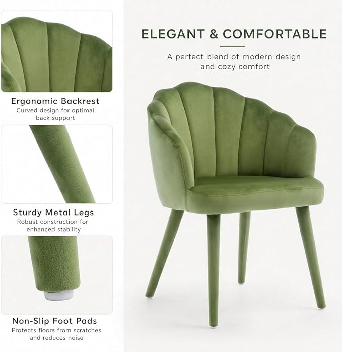 Hyfirm Velvet Dining Chairs Set of 6, Upholstered Modern Kitchen Dining Chairs with Petal Back & Fabric Covered Wooden Legs, Comfy Accent Armchairs for Bedroom/Kitchen/Vanity, Olive