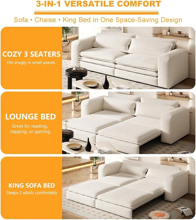 93" King Pull Out Sofa Bed, Boucle Sleeper Sofa Couch, Modern Wide Armrest, 3 in 1 Convertible Futon Couches for Living Room, Small Space, Apartment, Bedroom, Office, Beige
