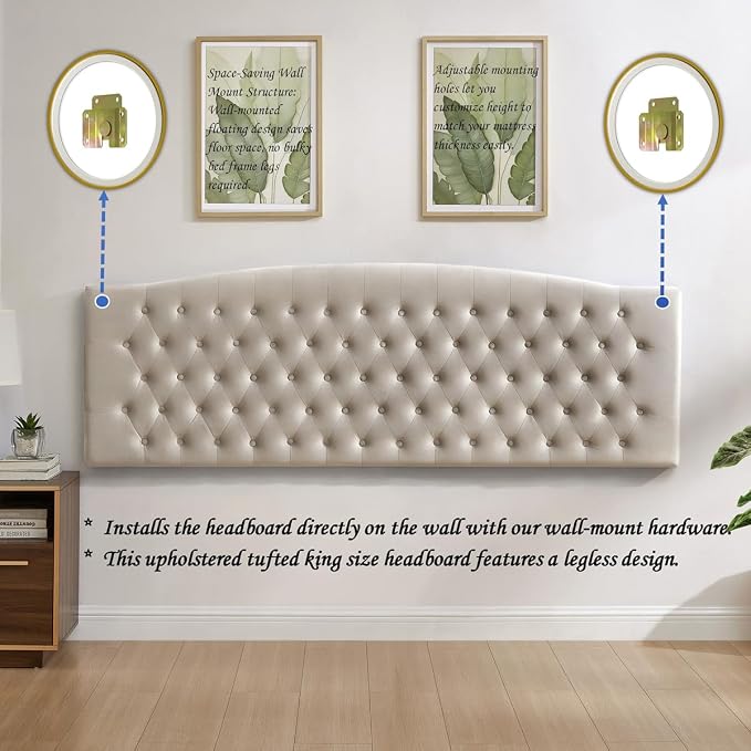 24KF Upholstered Tufted Button Velvet Wall Mounted Headboard,Comfortable Fashional Headboard King/CA King Size, 6058-K-Taupe