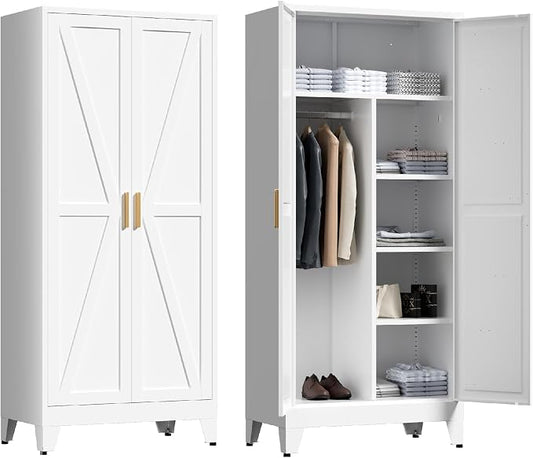 Washsemba 71'' Farmhouse Metal Wardrobe Cabinet with Hanging Rod, 2 Barn Door Wardrobe Closet with 5 Adjustable Shelves,Drawer,for Dining Room,Bedroom,Living Room, Cloak Room,Office (White)
