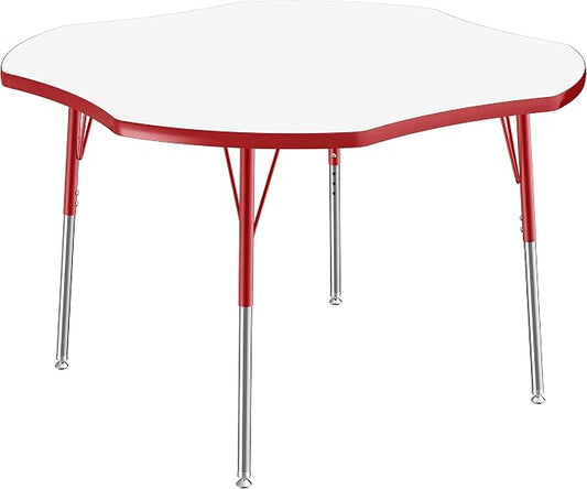 FDP Dry-Erase Clover Activity School and Office Table (48 x 48 inch), Standard Legs with Swivel Glides for Collaborative Spaces, Adjustable Height 19-30 inches - Whiteboard Top, Red Edge and Legs