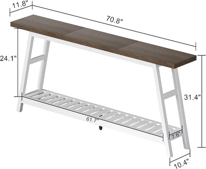 ChooChoo 70.9 Inch Long Console Tables for Entryway, Wood 2-Tier Entry Hallway Table, Narrow Sofa Table Behind Couch Table for Living Room, Entrance, White & Brown