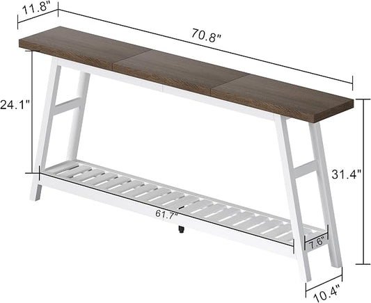 ChooChoo 70.9 Inch Long Console Tables for Entryway, Wood 2-Tier Entry Hallway Table, Narrow Sofa Table Behind Couch Table for Living Room, Entrance, White & Brown