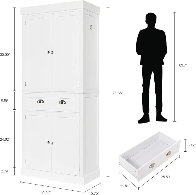 VINGLI 71-Inch White Storage Cabinets with Drawers, Freestanding Pantry Cabinets with Doors and Shelves Adjustable, Wood Farmhouse Kitchen Pantry Cupboard