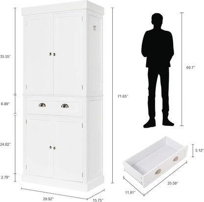 VINGLI 71-Inch White Storage Cabinets with Drawers, Freestanding Pantry Cabinets with Doors and Shelves Adjustable, Wood Farmhouse Kitchen Pantry Cupboard