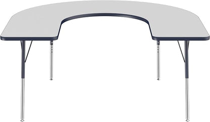 FDP Horseshoe Activity School and Office Table (60 x 66 inch), Standard Legs with Swivel Glides for Collaborative Seating Environments, Adjustable Height 19-30 inches - Gray Top and Navy Edge