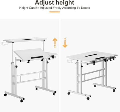 SogesHome 31.5 inch Mobile Standing Desk Adjustable Computer Desk Rolling Laptop Cart Portable Laptop Stand on Wheels Home Office Workstation with Cup Holder,Headphone Holder, Upgrade White