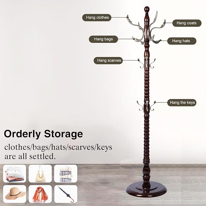 Wooden Coat Rack Freestanding, Hall Tree Hanger With Resin Hooks, Adjustable Heavy Duty Coat Rack for Hanging Clothes Bags Hats in Living Room Bedroom (coat rack, Round Base-Metal hook)