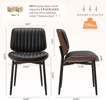 MALOL Leather Dining Chairs Set of 4, Modern Upholstered Dining Room Kitchen Chairs with Metal Legs and Wooden Back Support for Home Dining Room/Restaurant, Black