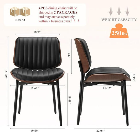 MALOL Leather Dining Chairs Set of 4, Modern Upholstered Dining Room Kitchen Chairs with Metal Legs and Wooden Back Support for Home Dining Room/Restaurant, Black