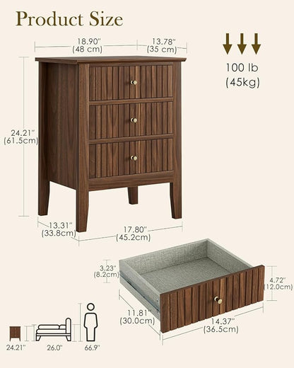 Nightstand Vintage, Fluted Night Stand Tall Farmhouse Beside Table with 3 Drawers, Mid Century Modern Side Accent Table,Bedside End Table for Bedroom, Walnut