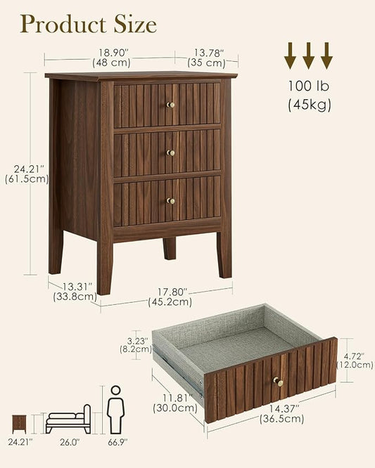 Nightstand Vintage, Fluted Night Stand Tall Farmhouse Beside Table with 3 Drawers, Mid Century Modern Side Accent Table,Bedside End Table for Bedroom, Walnut