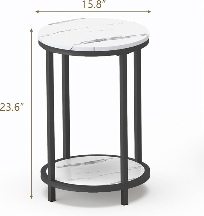 WiberWi Round Side Table, Modern Nightstand End Table with Metal Frame &Faux Marble Top, Accent Bedside Table for Living Room Bedroom Small Spaces with Storage Open Shelf, White