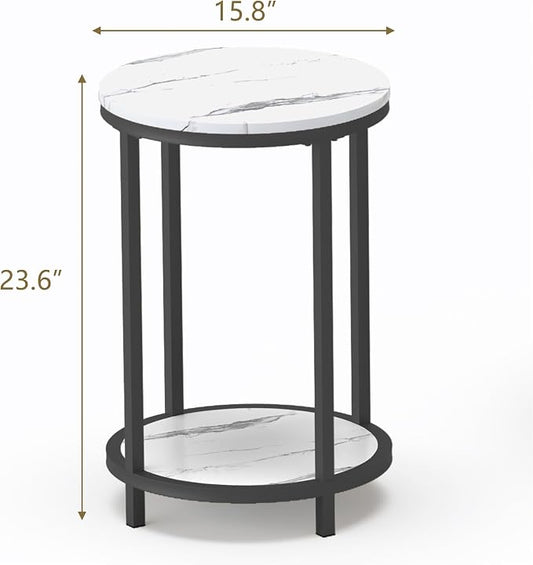 WiberWi Round Side Table, Modern Nightstand End Table with Metal Frame &Faux Marble Top, Accent Bedside Table for Living Room Bedroom Small Spaces with Storage Open Shelf, White