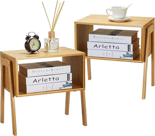 Pipishell Nightstands Set of 2, Bamboo Stackable Bedside Table, Night Stands with Storage Shelf, Small Bed Side Tables, 2-Tier End Table for Bedroom, Dorm and Small Space Storage (Natural)