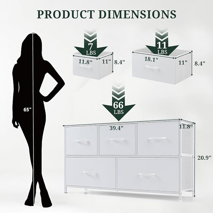 5-Drawer Dresser for Bedroom, Anti-Tip Wide Storage Organizer Fabric Chest of Drawers TV Stand for 45" TV with Wooden Top and Metal Frame for Closet, Living Room, Hallway, Entryway, White