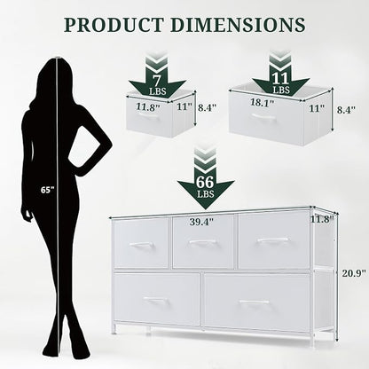 5-Drawer Dresser for Bedroom, Anti-Tip Wide Storage Organizer Fabric Chest of Drawers TV Stand for 45" TV with Wooden Top and Metal Frame for Closet, Living Room, Hallway, Entryway, White