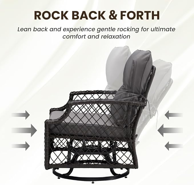 3-Piece Patio Furniture Set, Wicker Outdoor Bistro Set Swivel Glider Patio Chairs x 2 with Cushions, High Back All-Weather Rattan Outdoor Furniture for Porch, Backyard (Grey + Wicker)