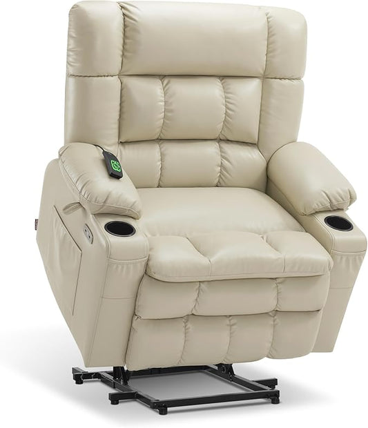 MCombo Extra Wide Dual Motor Power Lift Recliner Chair for Elderly, Zero Gravity Lift Chair with Heat and Massage, Infinite Position Recliners, USB Ports, Faux Leather R7897 (Cream White, Medium-Wide)