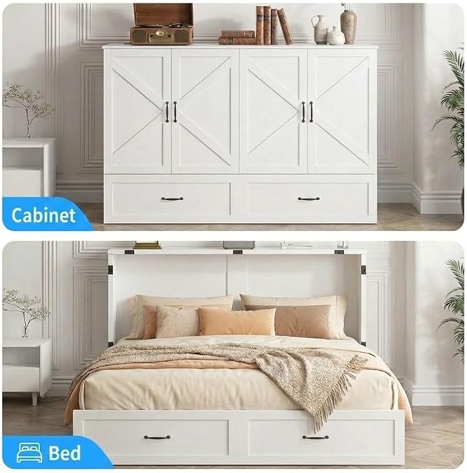 PUREMIND Murphy Bed Queen, Crisscross Frame Cabinet Beds Chest with Charging Station & Storage Drawers, Convertible Hideaway Cabinet Bed for Guest Room, White, Without Mattress