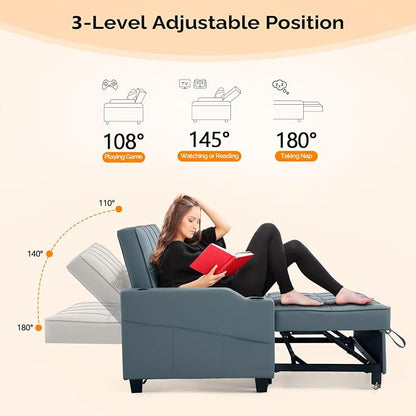 VINGLI Convertible Loveseat Sleeper Sofa, Blue Grey Faux Leather Futon Sofa Bed Pullout Couch Bed with USB Ports, Cup Holders, Armrest for Living Room, Bedroom, Home Office Apartment