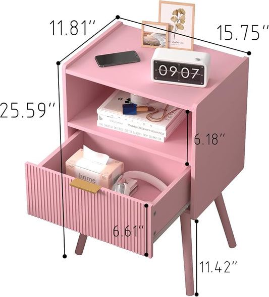 JOONEE Nightstand,Modern Bedside Table with Storage Drawer and Open Wood Shelf, for Living Room, Bedroom and Small Spaces, Accent Night Stand with Solid Wood Legs, Easy Assembly,Classic Pink