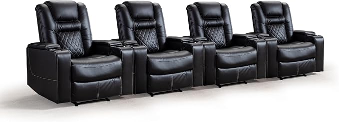 CANMOV Electric Power Recliner Chair Set of 4, Breathable Leather Home Theater Seating with Hidden Arm Storage, Power Recliner Chair for Living Room with USB Ports and Cup Holders,Black