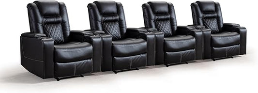 CANMOV Electric Power Recliner Chair Set of 4, Breathable Leather Home Theater Seating with Hidden Arm Storage, Power Recliner Chair for Living Room with USB Ports and Cup Holders,Black