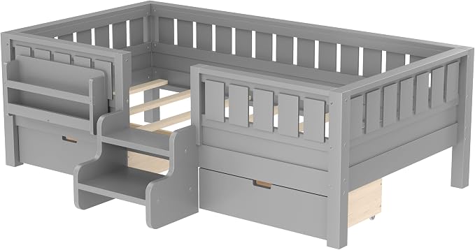 Bellemave Twin Size Kids Bed with high Rails and with Built-in Bookshelf and Drawers for Kids, Girls, Boys, Wood Montessori Bed Without Door, Gray
