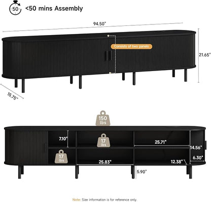 ONBRILL 94.5" TV Stand with Power Outlet for TVs up to 102 Inch, Entertainment Center with Storage and Adjustable Shelves, Modern Media Console with Sliding Doors for Living Room, Black