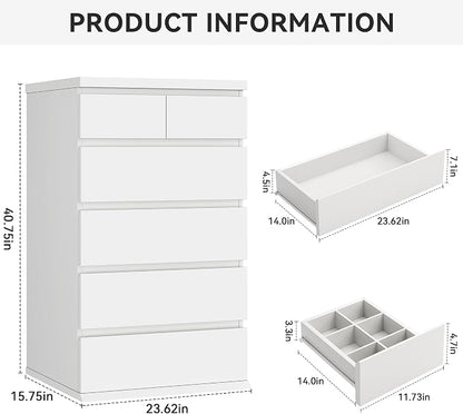 Jocoevol White Tall 6 Drawer Dresser for Bedroom,Dressers & Chests of Drawers with Jewelry Storage,Wood Storage Dresser with Deep Drawers for Living Room Hallway Entryway(40.75" L*23.62" W*15.75")