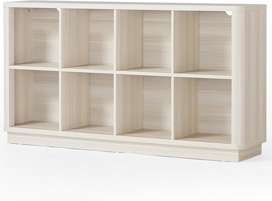 Joaxswe 8 Cube Storage Bookcase, 52" Long Horizontal Book Shelf w/Curved Edge, Wood Low 2-Tier Cubby Console Bookshelf with Base, Modern Floor Standing TV Stand for Living Room, Gray-White Cream Oak