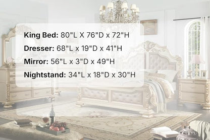 First of a Kind Miranda Gold Finish Traditional 4 Piece King Bedroom Set with Upholstered Tufted Headboard Ornate European Inspired Design Coordinated Furniture Collection